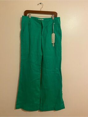 Wide-Leg Green Linen-Blend Pants